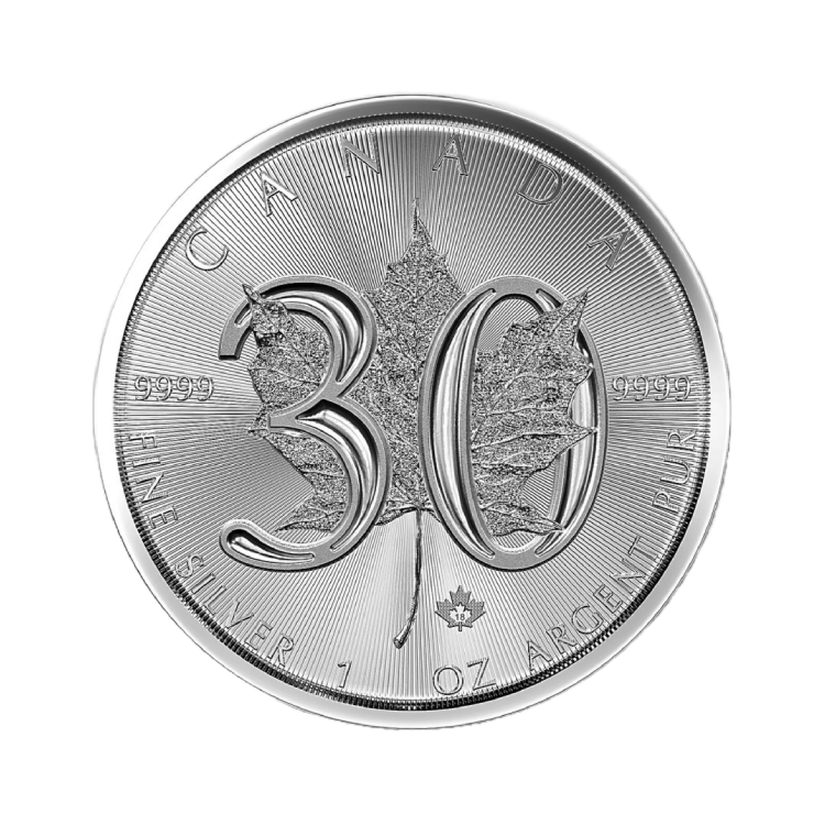 Voorzijde 1 troy ounce zilveren Maple Leaf 2018 30 jarige jubileum