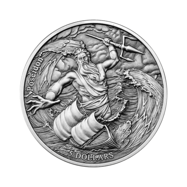 2 troy ounce zilveren munt de 12 olympiers in de dierenriem Poseidon vs Pisces voorkant