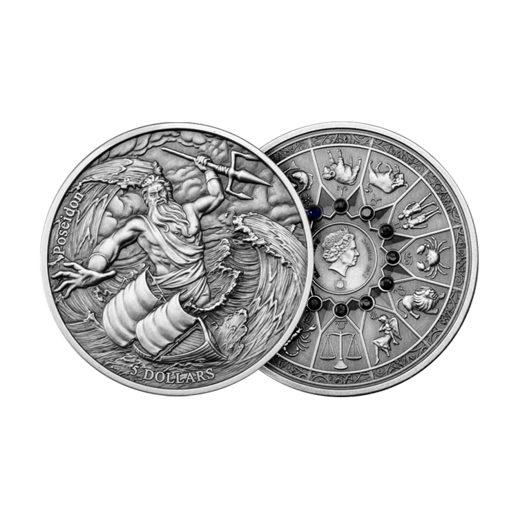 2 troy ounce zilveren munt de 12 olympiers in de dierenriem Poseidon vs Pisces The Silver Mountain