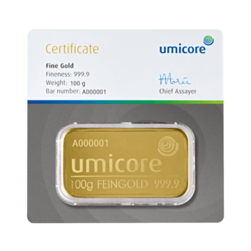 Umicore 100 grams gold bar with certificate