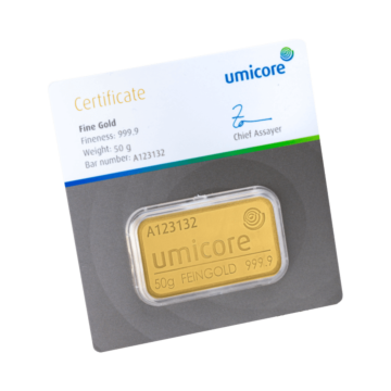 Umicore 50 grams gold bar with certificate