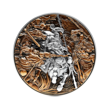 2 troy ounce zilveren munt Lü Bü strijd 3 helden 2021 - antieke afwerking