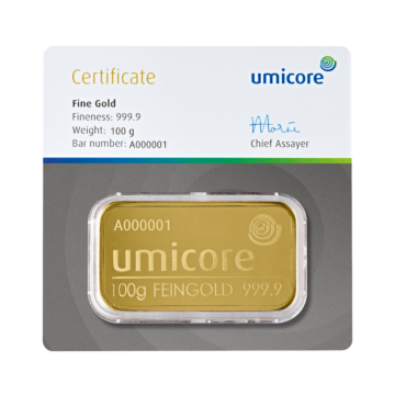 Umicore 100 grams gold bar with certificate