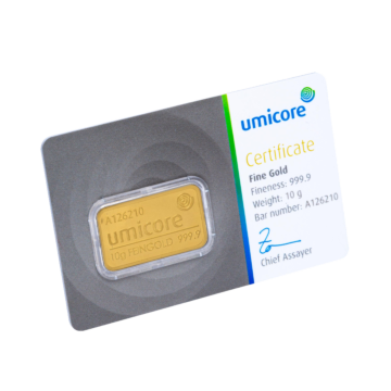 Umicore 10 grams goldbar with certificate