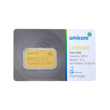 Umicore 10 grams goldbar with certificate