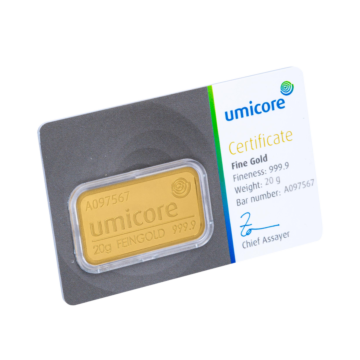 Umicore 20 grams goldbar with certificate