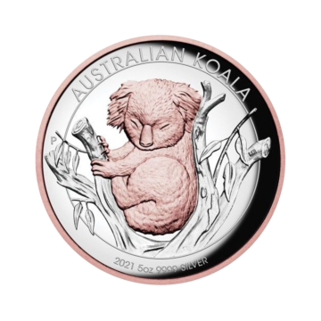 5 troy ounce zilveren munt Koala Verguld hoog Reliëf 2021