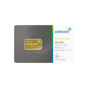 Umicore 2,5 gram goudbaar met certificaat