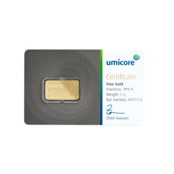 Umicore 5 grams goldbar with certificate