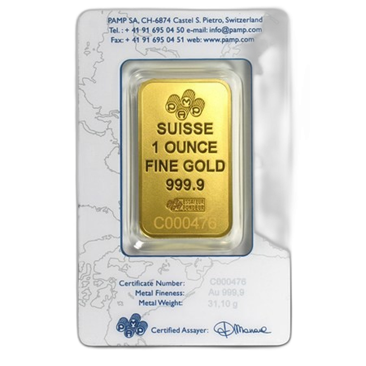 1 troy ounce gold bar Pamp Suisse design front