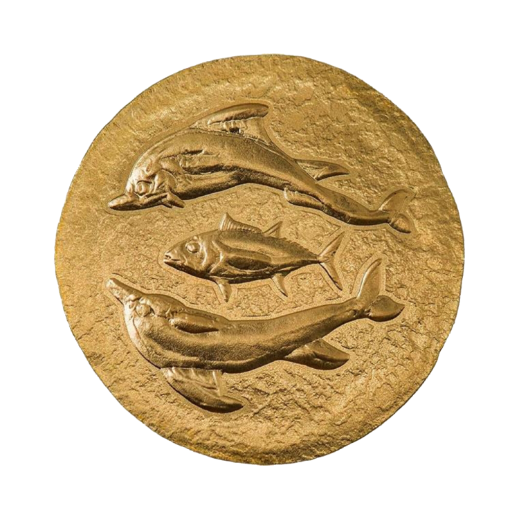 0.5 gram gouden munt dolfijn & tonijn Cyzicus 2022 front
