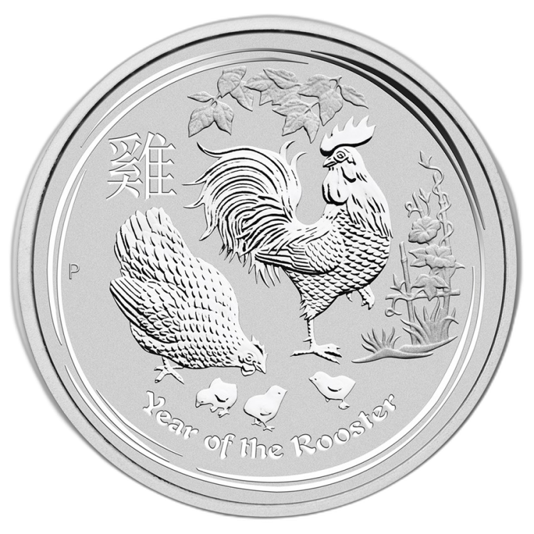 5 Troy ounce zilver Lunar munt 2017 - jaar van de haan voorkant