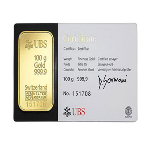 Goudbaar 100 gram UBS met certificaat voorkant