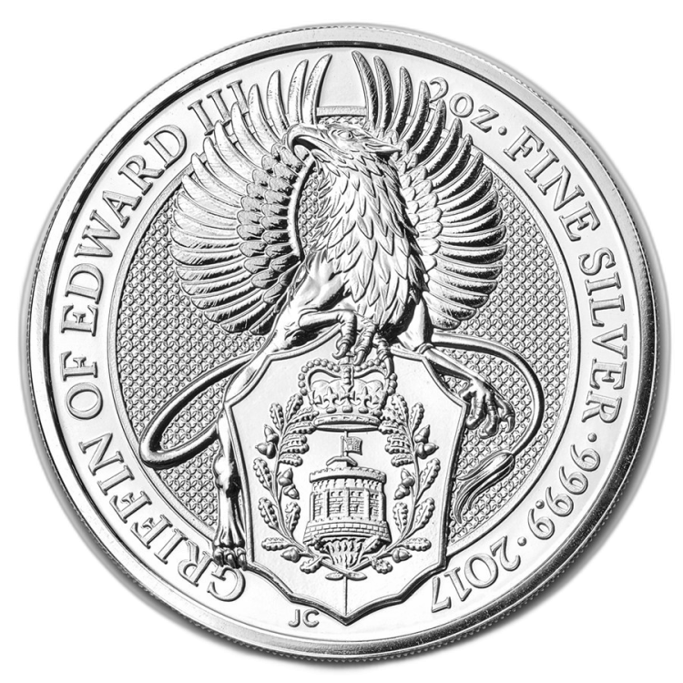 2 troy ounce zilveren Queens Beast 2017 Griffin voorkant