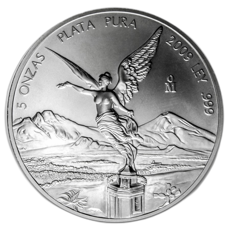 5 troy ounce silver Mexican Libertad coin 2009 front