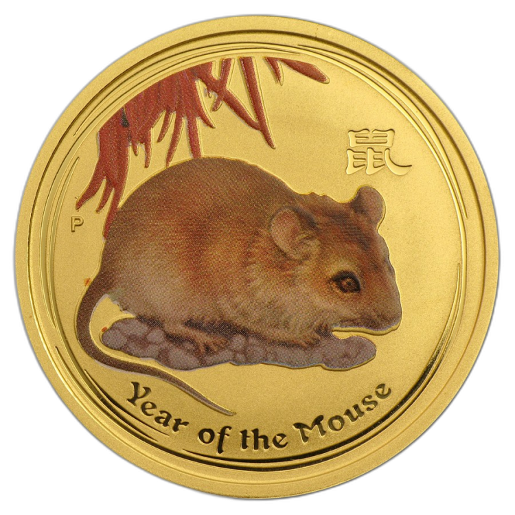 1/4 Troy ounce gold coin Lunar 2008 - year of the mouse - colorized front