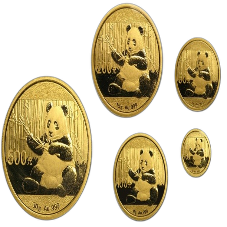 5-Delige set gouden munten Panda 2017 voorkant