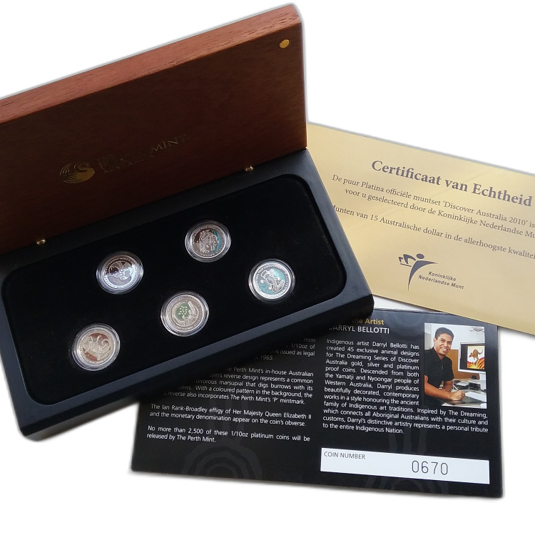 5-Delige set Platinum 1/10 troy ounce munten set - Discover Australia - Proof voorkant