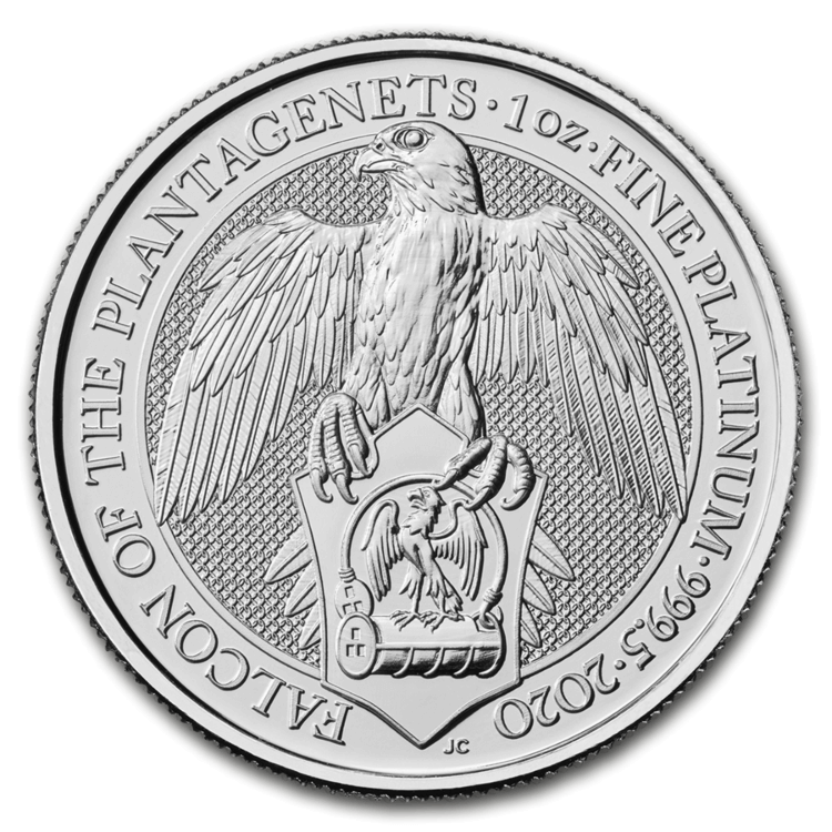 1 Troy ounce platina munt Queens Beasts Falcon of the Plantagenets 2020 voorkant