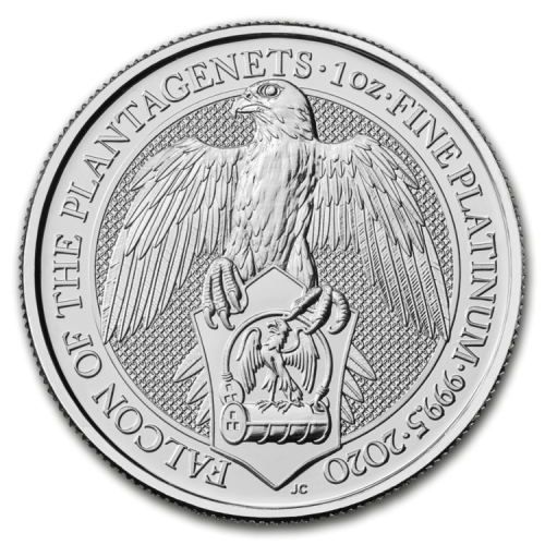 1 Troy ounce platina munt Queens Beasts Falcon of the Plantagenets 2020 voorkant