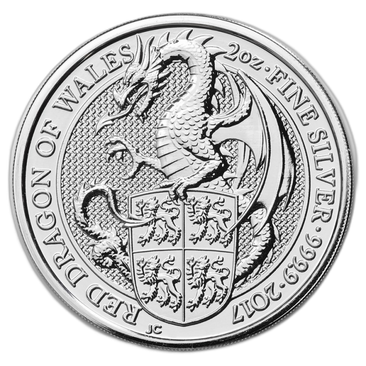 2 Troy ounce zilveren Queens Beast 2017 Dragon voorkant