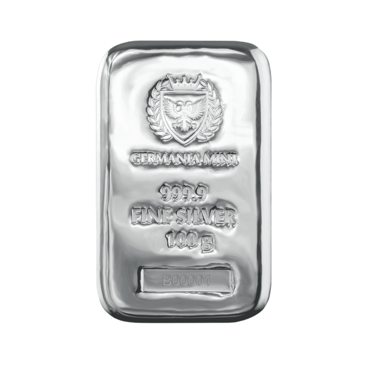 100 gram zilverbaar Germania Mint voorkant