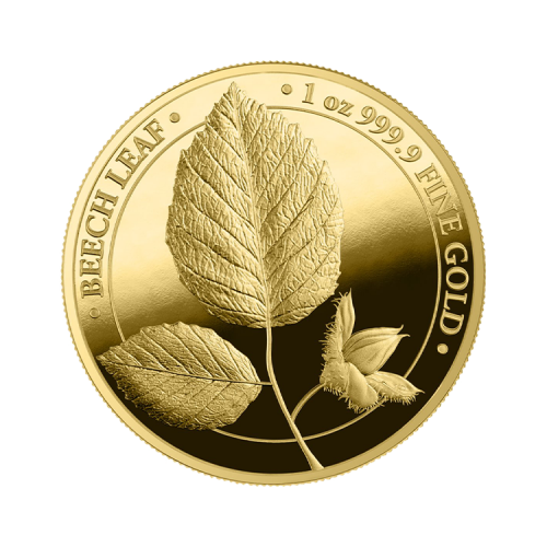 1 troy ounce gouden munt Mythical Forest Beech Leaf 2023 proof voorkant