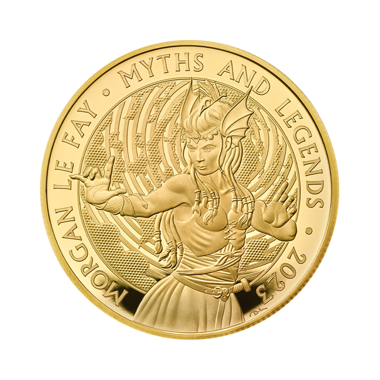 1 troy ounce gouden Morgan Le Fay proof munt 2023 voorkant