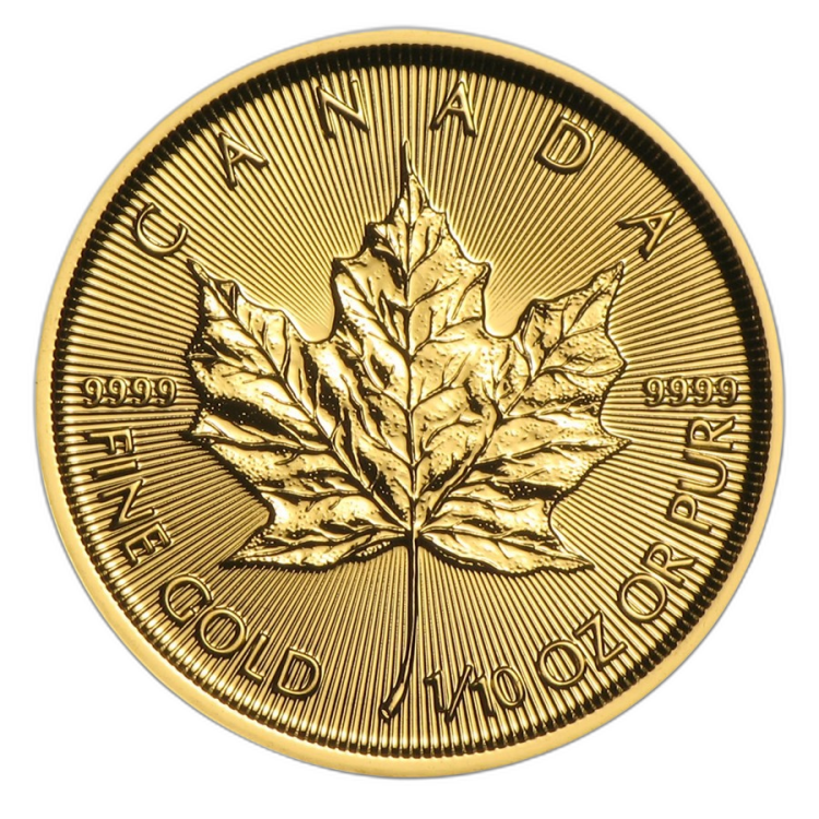 Gouden 1/10 troy ounce Maple Leaf munt Hologram voorkant