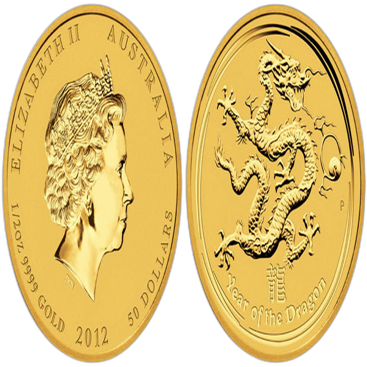 1/2 troy ounce gold Lunar coin 2012 - year of the dragon back