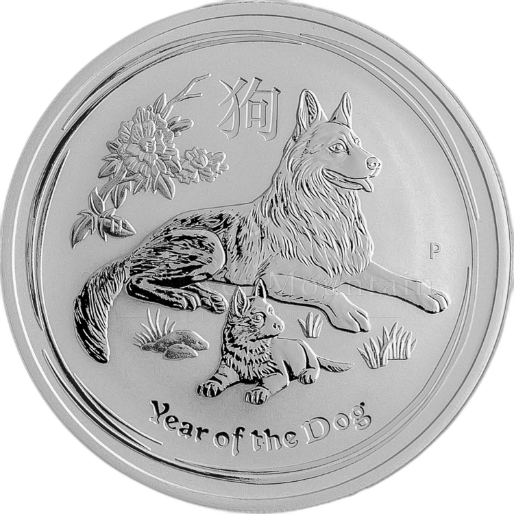 2 Troy ounce silver Lunar coin 2018 - year of the dog angle 2
