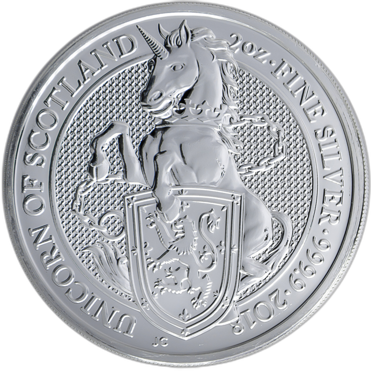 2 Troy ounce zilveren Queens Beast 2018 Unicorn perspectief 1