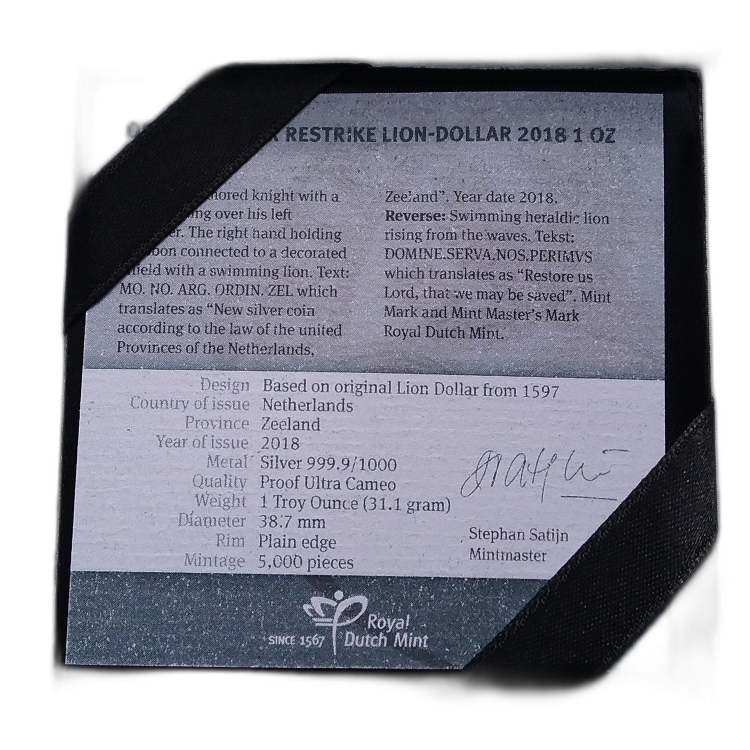 1 Troy ounce silver coin restrike Lion Dollar 2018 Proof angle 2