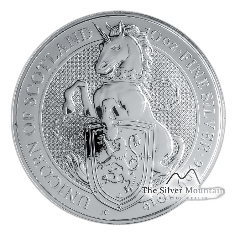 10 Troy ounce silver coin Queens Beasts Unicorn 2019 angle 3