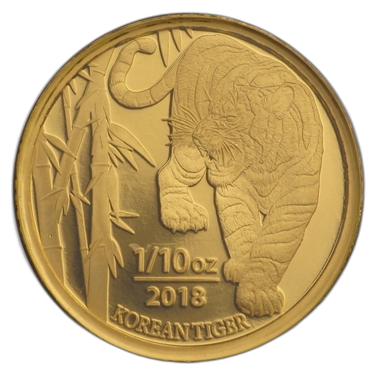 1/10 Troy ounce gold coin Korean Tiger 2018 in assay angle 1