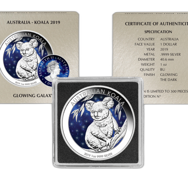1 Troy ounce zilveren munt Glowing Galaxy Koala 2019 angle 1