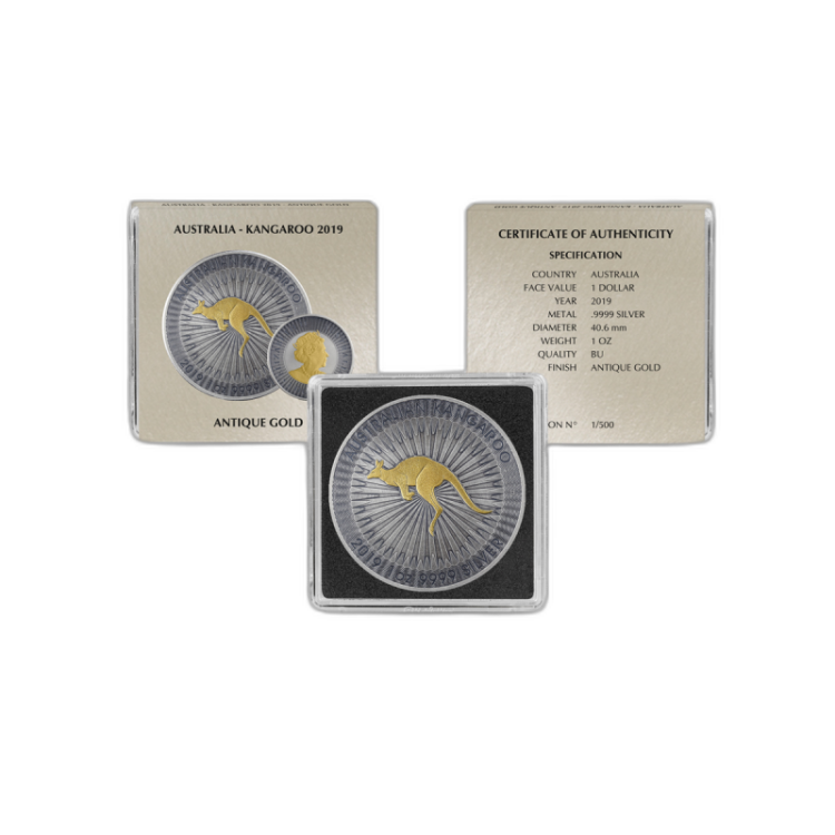 Zilveren munten set Antique + Gold Finish perspectief 3