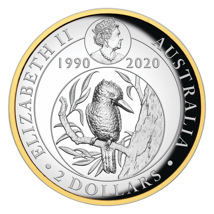 2 troy ounce vergulde zilveren munt Kookaburra 2020 Proof perspectief 2