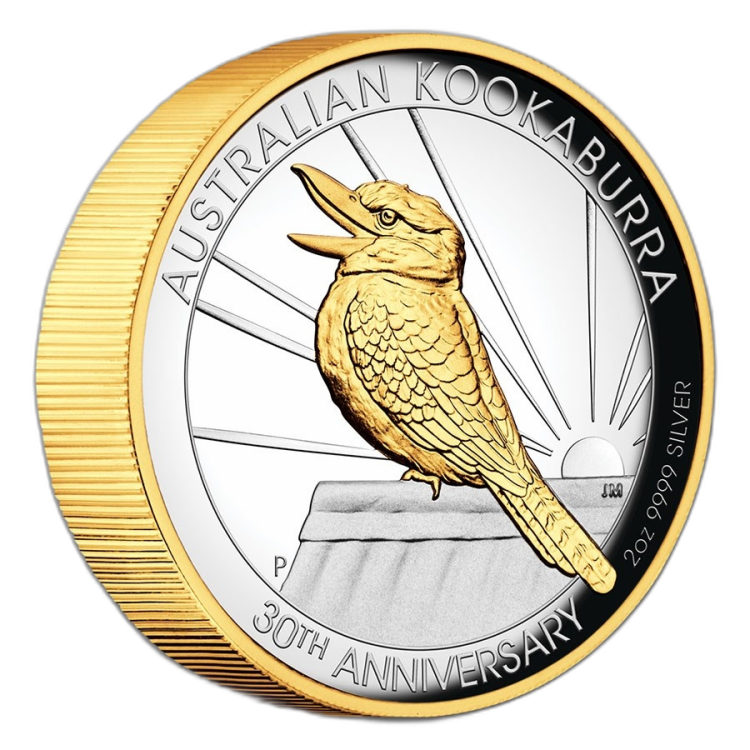 2 troy ounce vergulde zilveren munt Kookaburra 2020 Proof perspectief 3