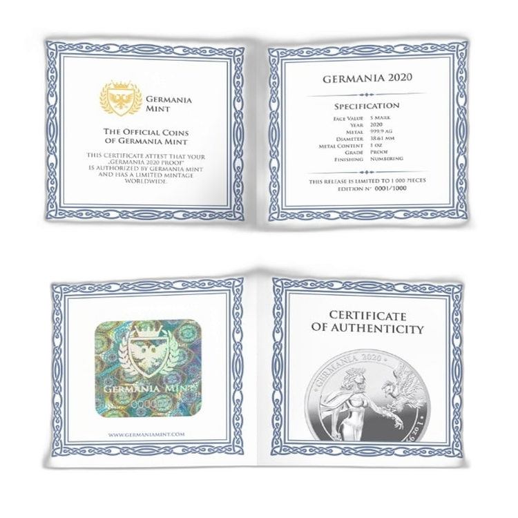 1 Troy ounce zilveren munt Germania 2020 Proof achterkant