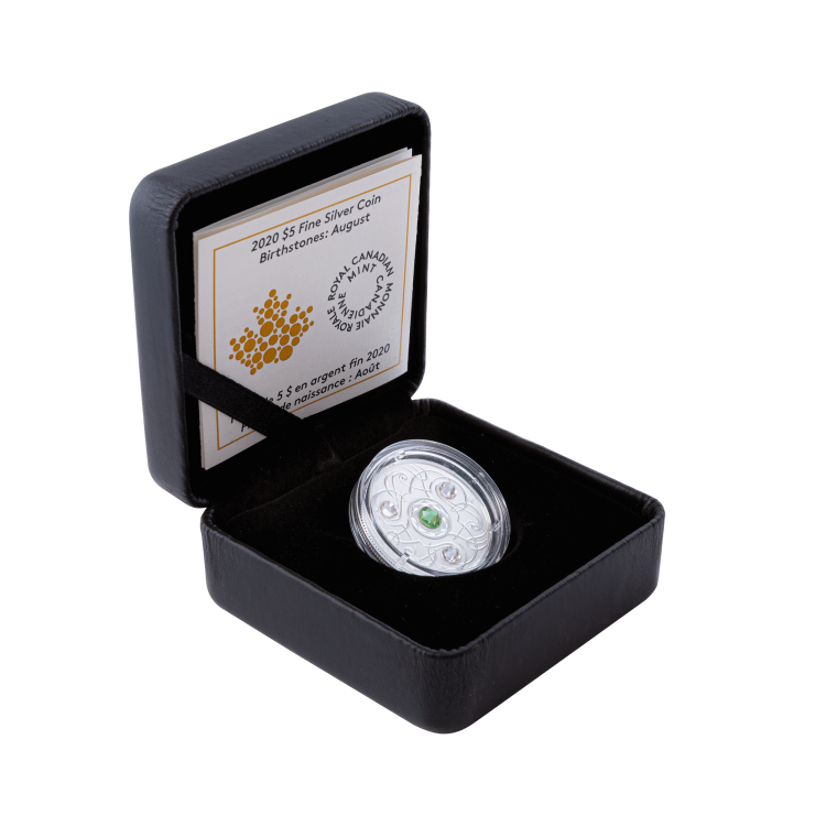 Silver coin august Birthstone Swarovski 2020 angle 2