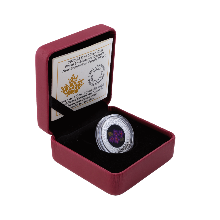 Zilveren munt Bloemenemblemen van Canada Purple Violet perspectief 3