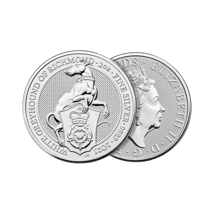 2 Troy ounce silver coin Queens Beasts White Greyhound angle 1