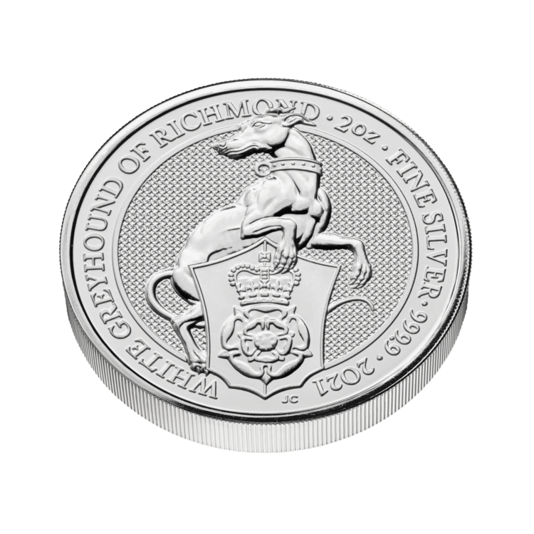2 Troy ounce silver coin Queens Beasts White Greyhound angle 2