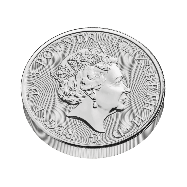 2 Troy ounce silver coin Queens Beasts White Greyhound angle 3
