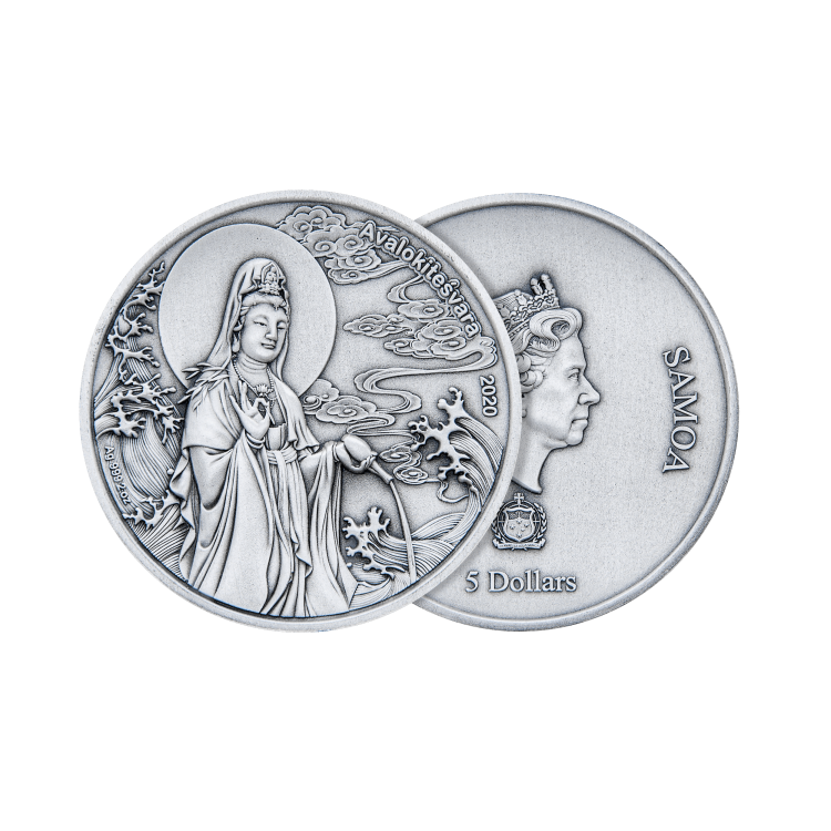 2 troy ounce zilveren munt Samoa Avalokiteshvara Piedfort - antieke afwerking 2020 perspectief 1