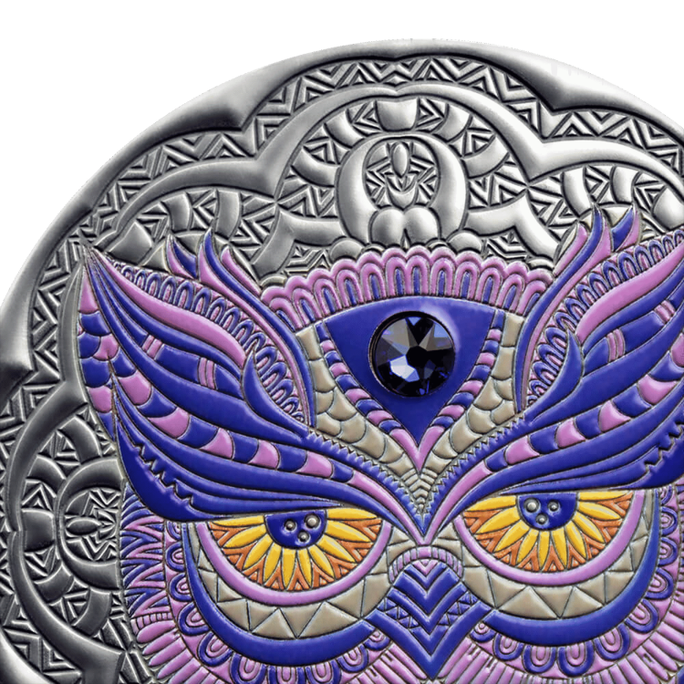 2 troy ounce silver coin Mandala Owl - Antique Finish 2020 angle 1