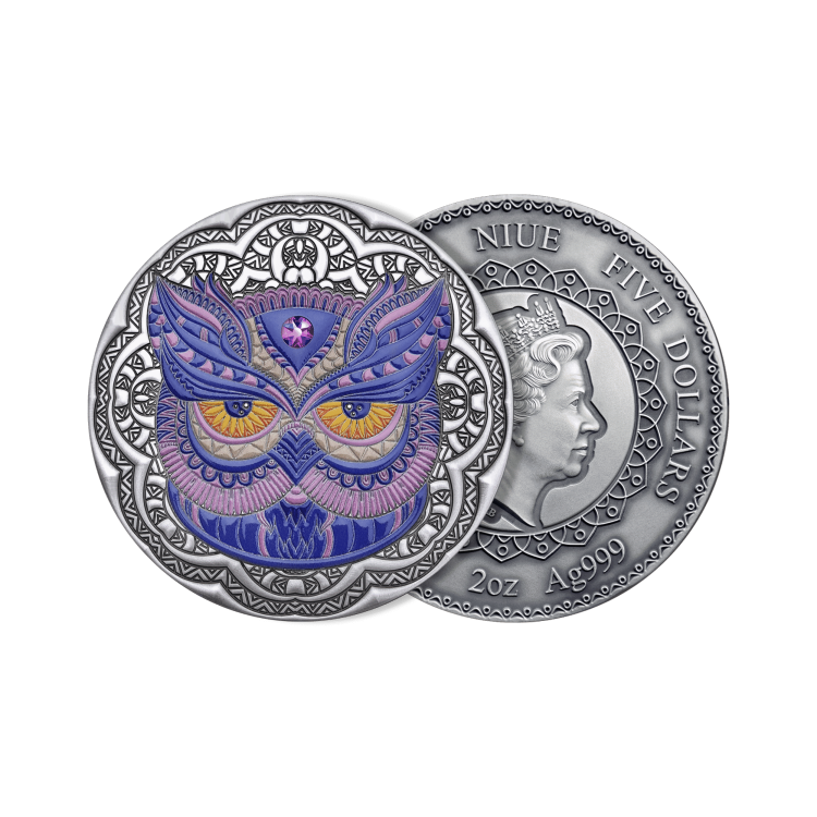 2 troy ounce silver coin Mandala Owl - Antique Finish 2020 angle 2