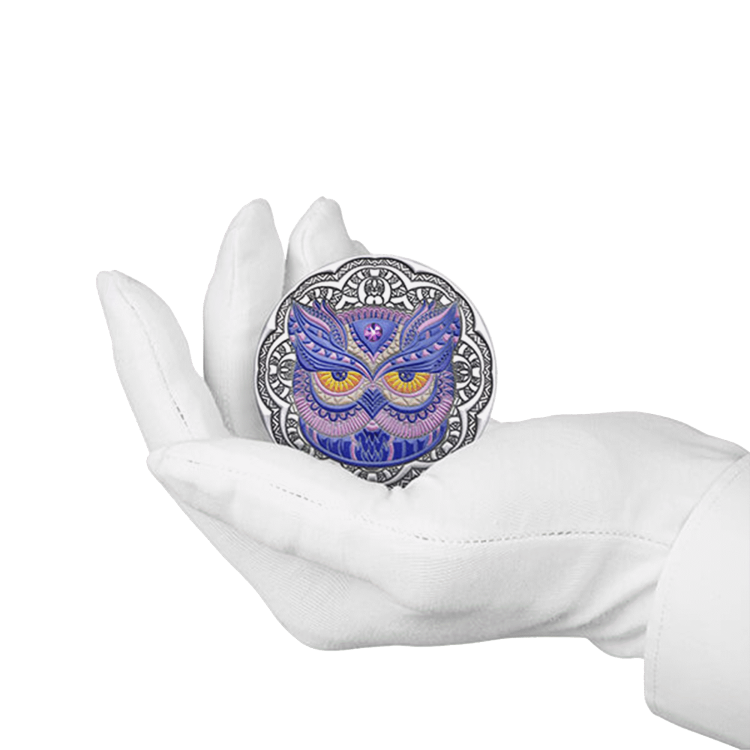 2 troy ounce silver coin Mandala Owl - Antique Finish 2020 angle 3