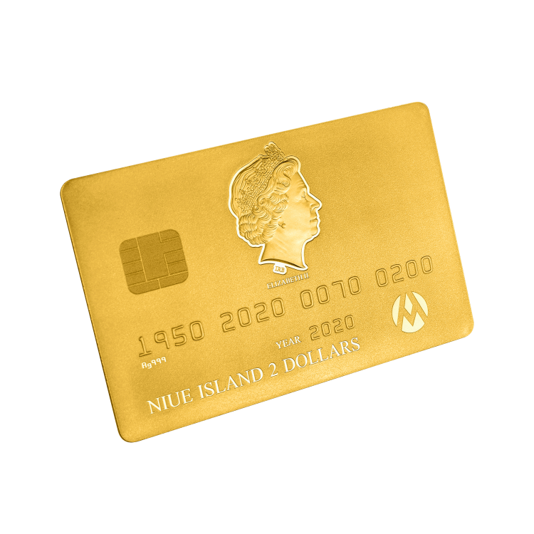 1,5 troy ounce zilveren credit card munt met goudlaag 2020 perspectief 3